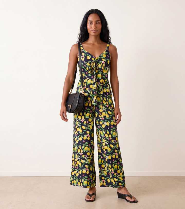 Blue Vanilla Light Yellow Lemon Print Bow Jumpsuit