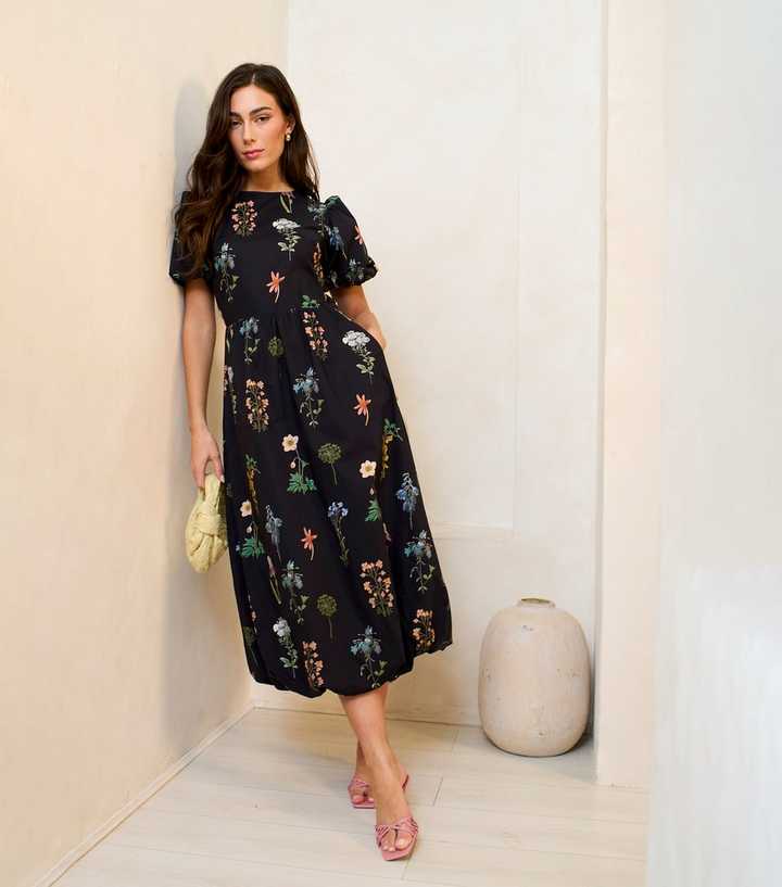 Gini London Navy Floral Print Puff Ball Midi Dress | New Look