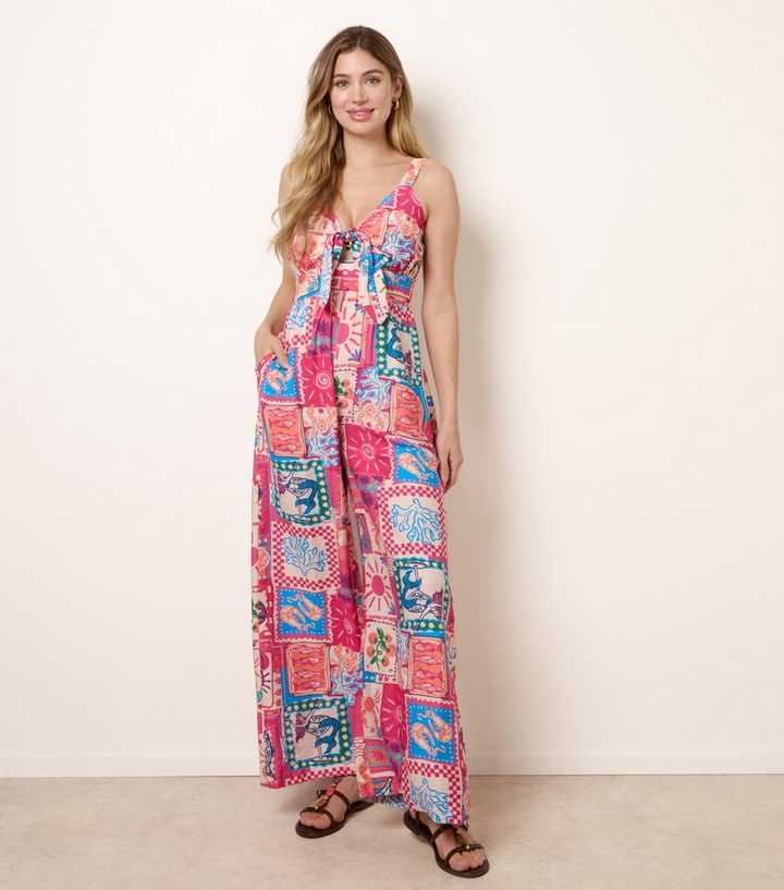 Blue Vanilla Pink Postcard Print Tie Front Jumpsuit