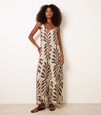 Blue Vanilla Brown Floral Leaf Print Jumpsuit