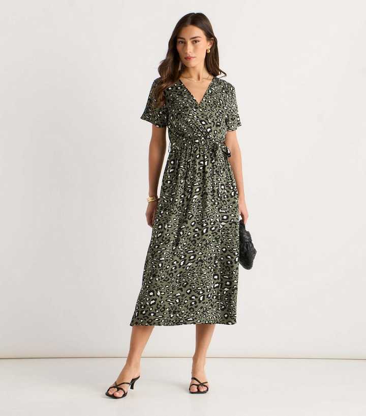 Gini London Light Khaki Animal Print Wrap Midi Dress