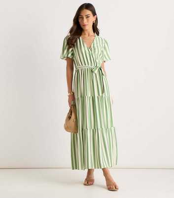 Gini London Light Green Striped Wrap Waist Belted Midi Dress