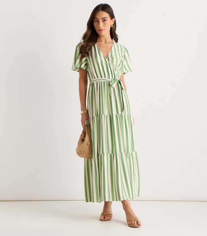 Gini London Light Green Striped Wrap Waist Belted Midi Dress