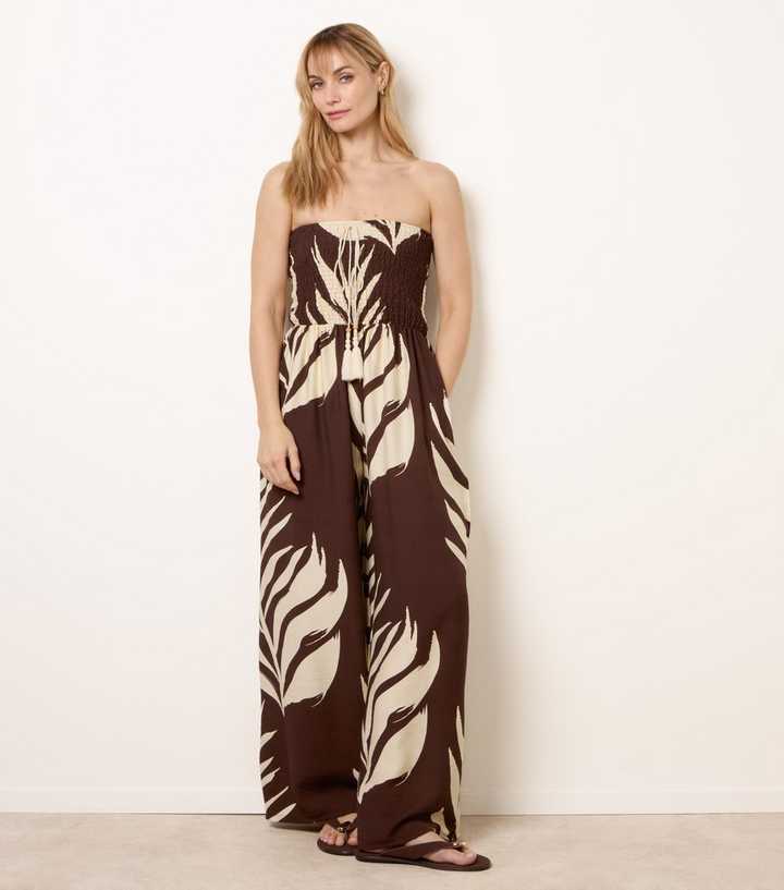 Blue Vanilla Dark Brown Shirred Bust Tropical Jumpsuit