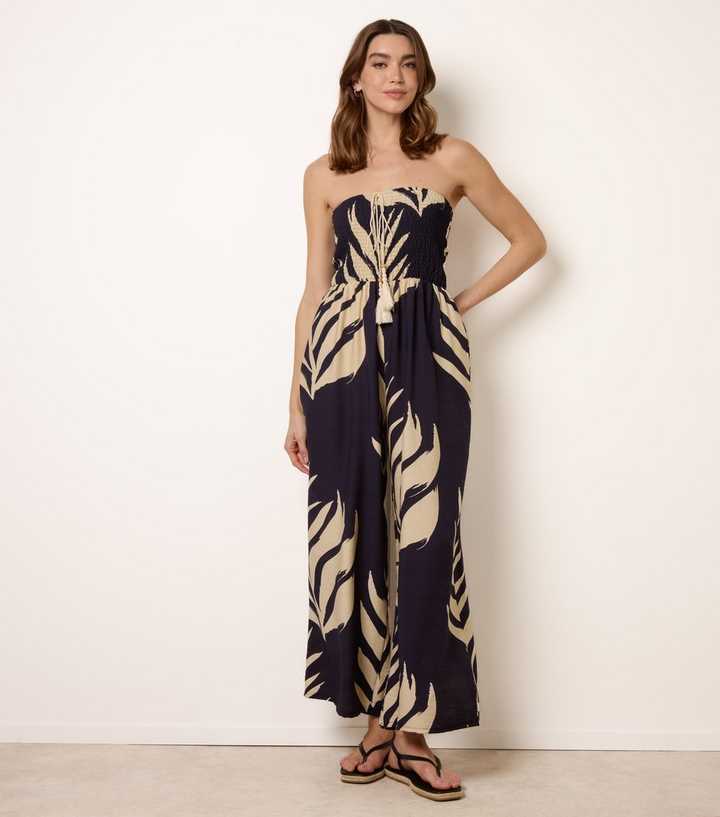 Blue Vanilla Navy Bandeau Leaf Pattern Jumpsuit