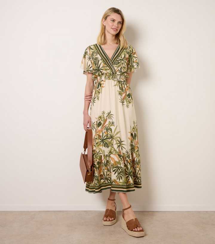 Blue Vanilla Green Tropical Print Midi Dress