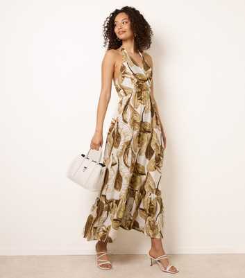 Blue Vanilla Dark Brown Leaf Print Halter Neck Dress