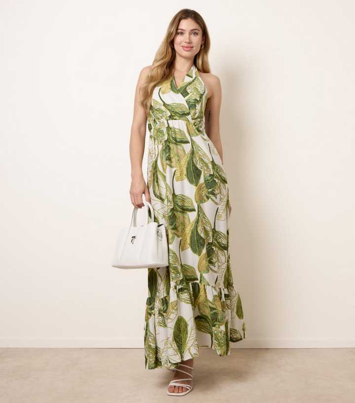 Blue Vanilla Green Leaf Print Halter Neck Dress