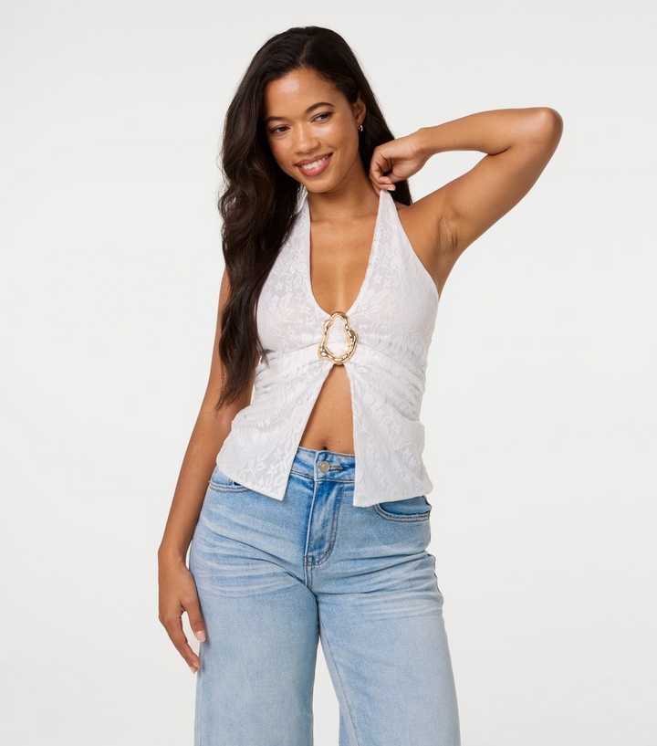 Pink Vanilla Off White Floral Buckle Halter Neck Top