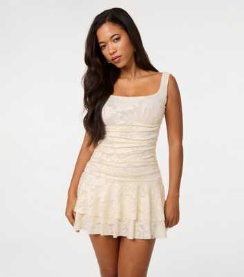 Pink Vanilla Off White Ruched Square Neck Mini Dress