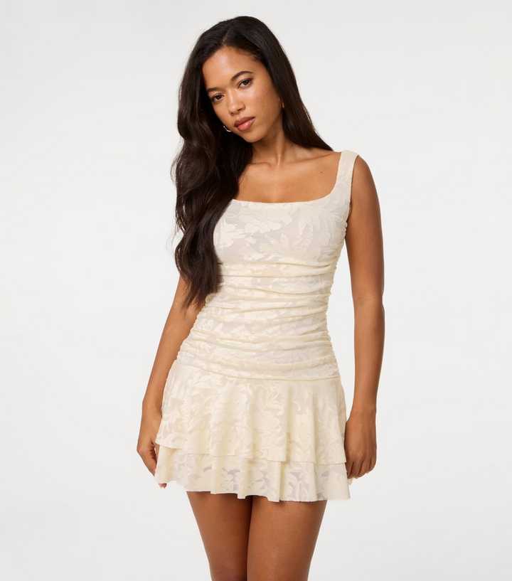 Pink Vanilla Off White Ruched Square Neck Mini Dress