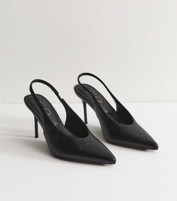 Black Faux Leather Crocodile Embossed Pointed Toe Slingback Heels