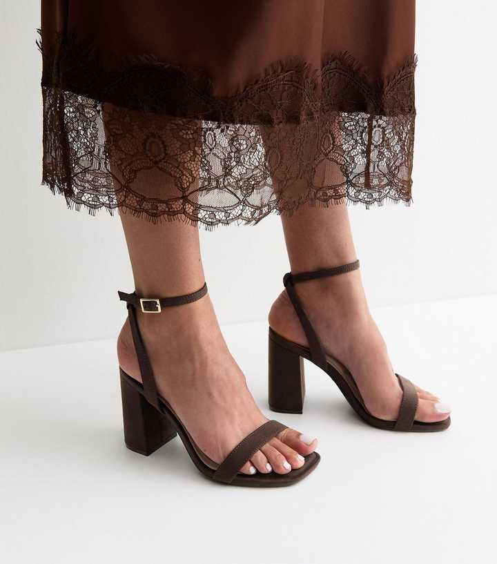 Dark Brown Faux Suede High Block Heel Sandals