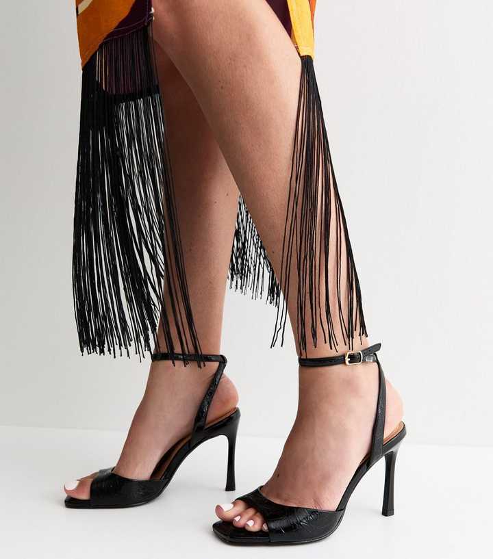 Black Patent Faux Leather Open Toe Stiletto Sandals