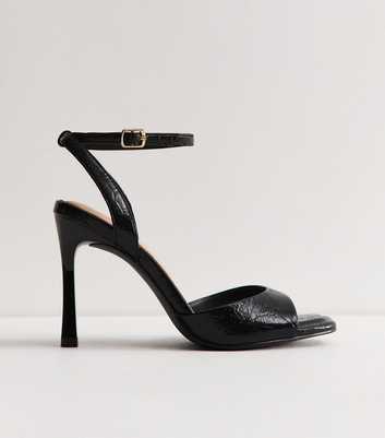 Black Patent Faux Leather Open Toe Stiletto Sandals