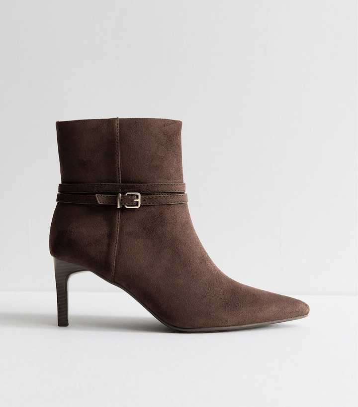 Brown Faux Suede Buckle Strap Stiletto Heel Ankle Boots