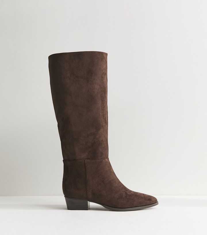 Brown Faux Suede Almond Toe Tall Boots