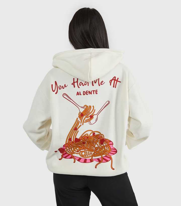 Custard White You Had Me At Al Dente Graphic Print Hoodie