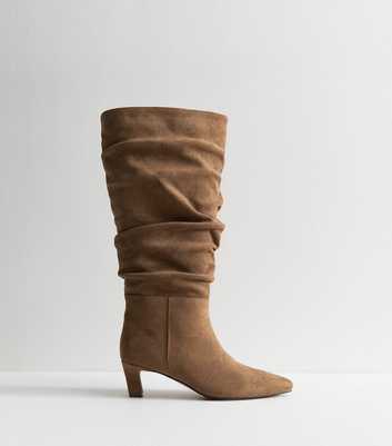 Camel Faux Suede Ruched Knee High Boots