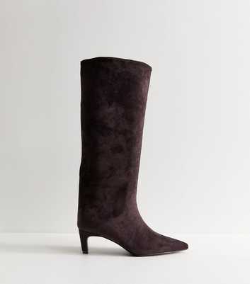 Dark Burgundy Faux Suede Kitten Heel Knee High Boots