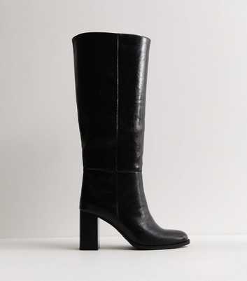 Black Faux Leather Pull On Stacked Heel Boots