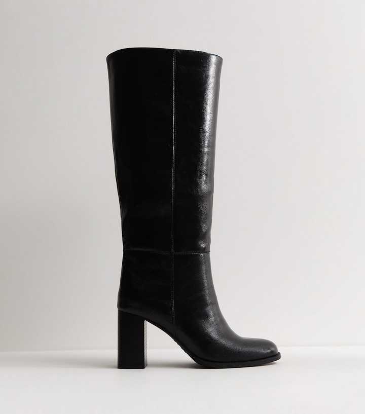 Black Faux Leather Pull On Stacked Heel Knee High Boots
