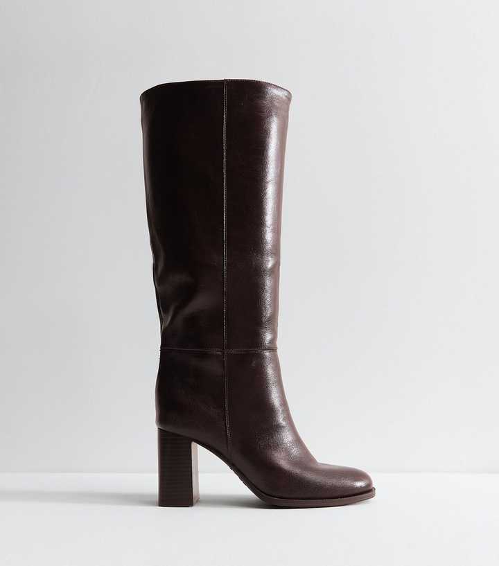 Dark Burgundy Faux Leather Pull On Stacked Heel Knee High Boots