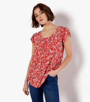 Apricot Red Ditsy Floral Print Top