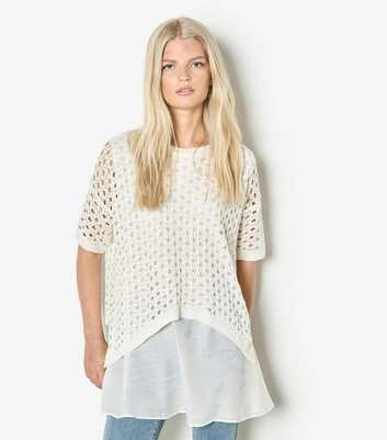 Apricot White Mesh Layer Open Knit Tunic Top