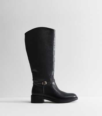 Black Faux Leather Buckle Strap Riding Boots