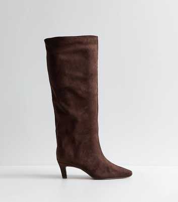 Dark Brown Faux Suede Slouchy Pointed Knee Boots
