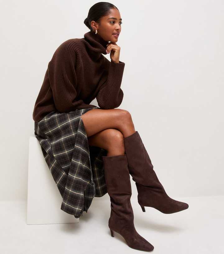 Dark Brown Faux Suede Slouchy Knee High Boots