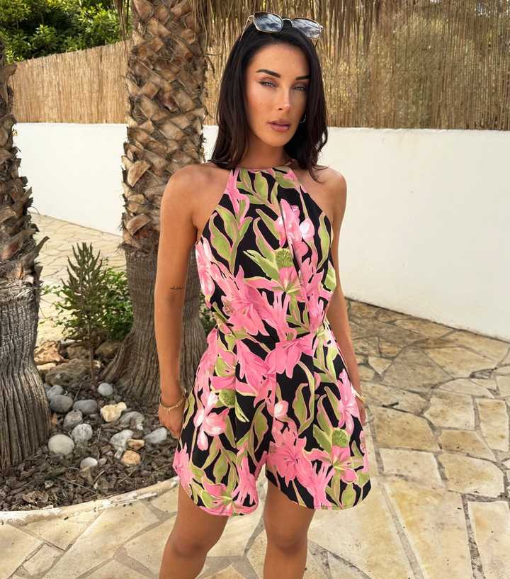 AX Paris Pink Tropical Flower Print Racer Neck Playsuit