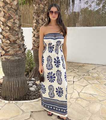 AX Paris Blue Strapless Shirred Midi Dress