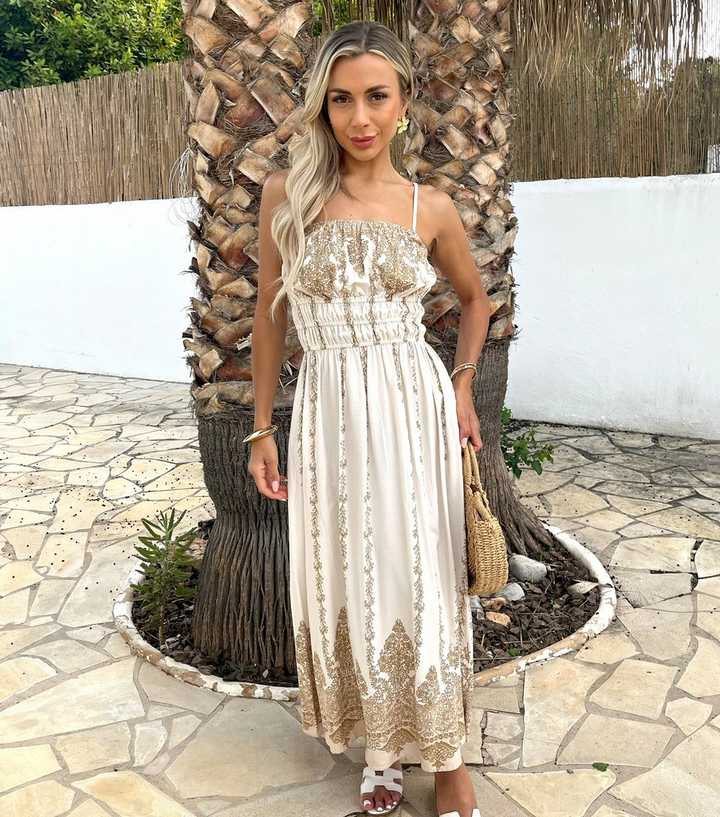 AX Paris Cream Strappy Shirred Midi Dress