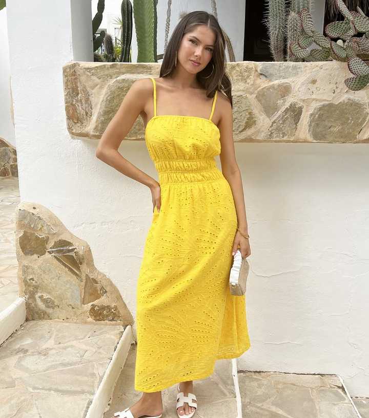 AX Paris Bright Yellow Strappy Shirred Midi Dress
