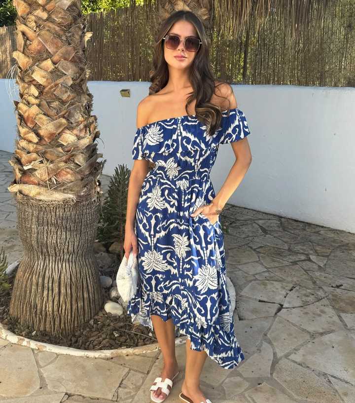 AX Paris Blue Bardot Frill Hem Midi Dress