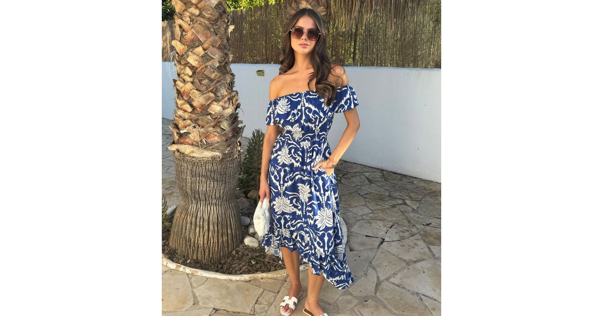 dusty blue bardot frill hem midi dress AX Paris Blue Palm Tree Print Bardot Frill Hem Midi Dress - 10