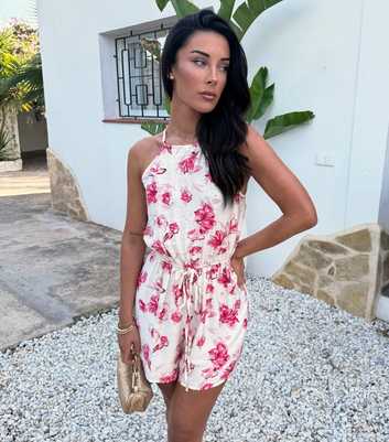 AX Paris Pink Floral Print Racer Neck Drawstring Playsuit
