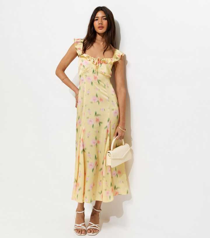 Yellow Floral Print Ruffle Trim Satin Midi Dress