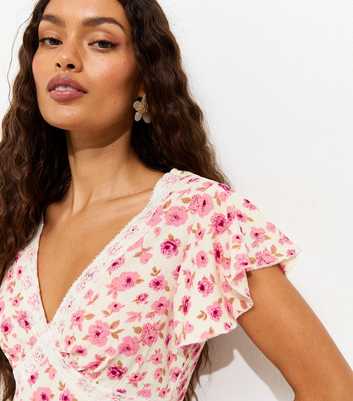 Petite Pink Floral Print Lace Trim Mini Dress