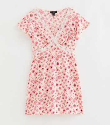 Petite Pink Floral Print Lace Trim Mini Dress