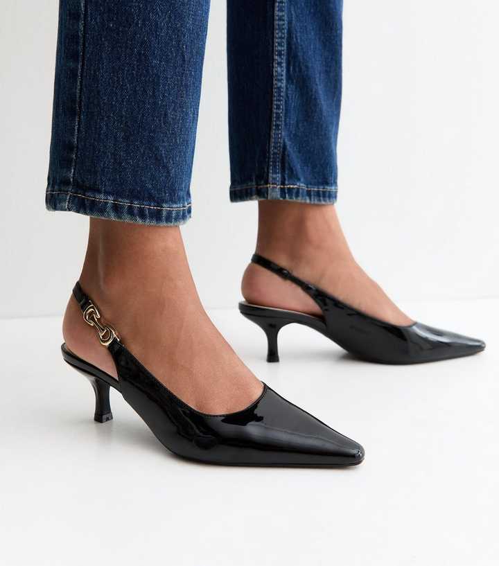 Truffle Black Faux Leather Chain Slingback Court Shoes