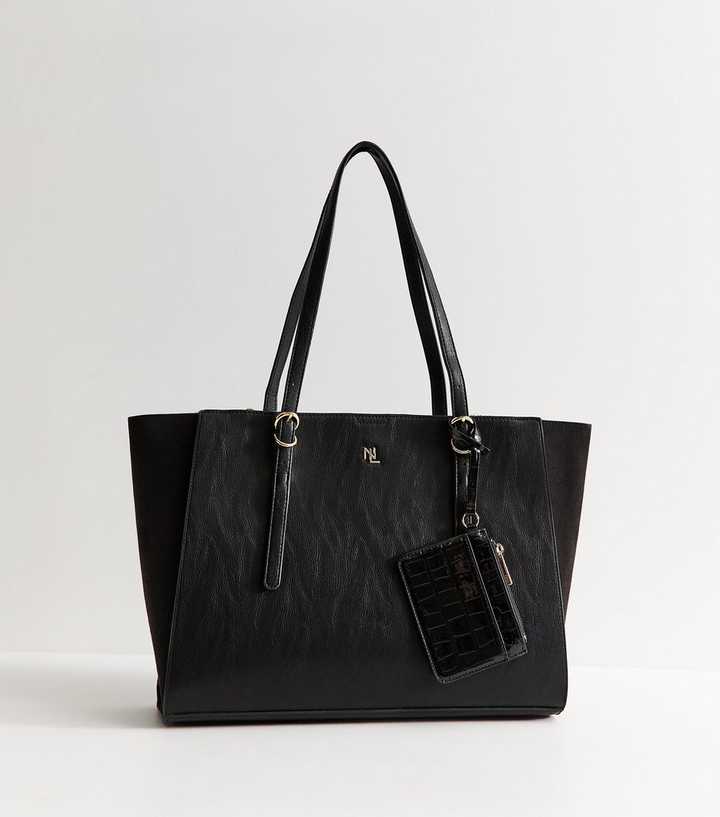 Black Faux Leather Detachable Purse Tote Bag
