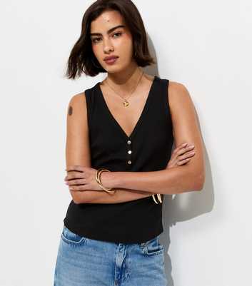 Black Cotton Rich Gold Tone Button Henley Vest Top