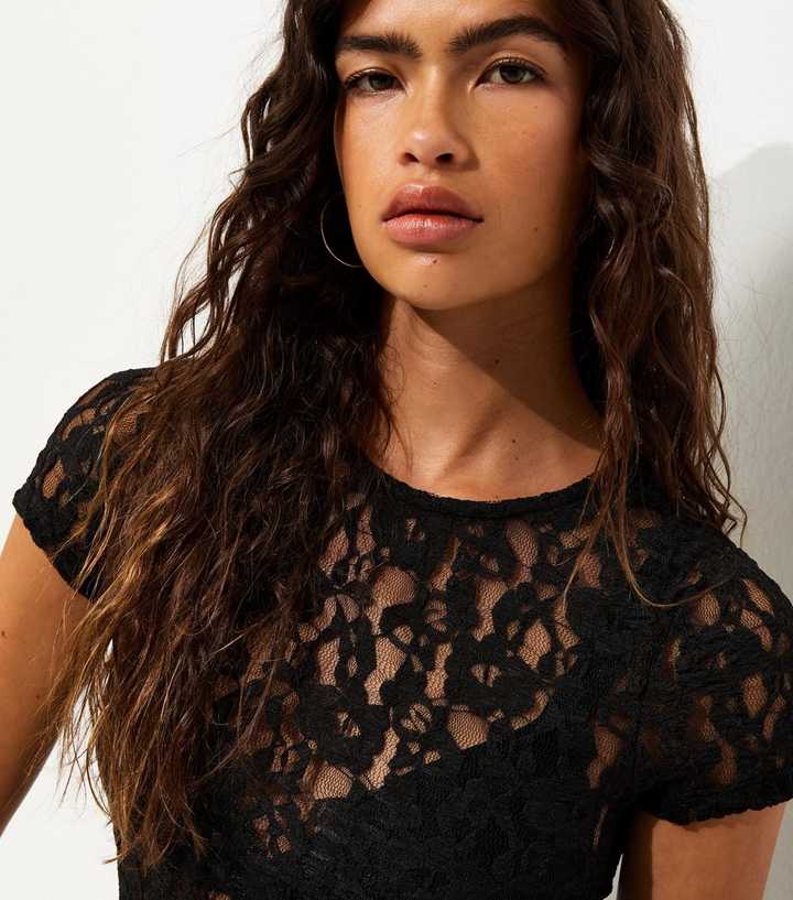 Black Sheer Floral Lace Baby Tee