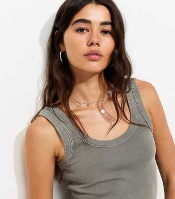Dark Grey Cotton Rich Ribbed Scoop Neck Vest Top