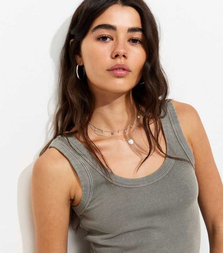 Dark Grey Cotton Rich Ribbed Scoop Neck Vest Top