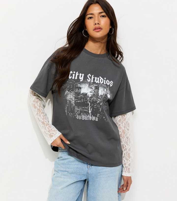 Dark Grey City Studios Print Lace Sleeve 2 In 1 T-Shirt