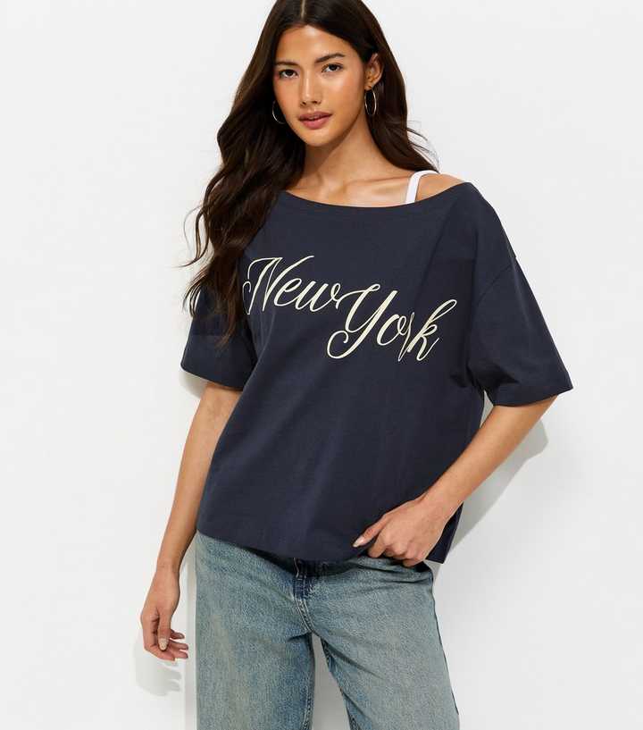 Navy New York Off The Shoulder T-Shirt